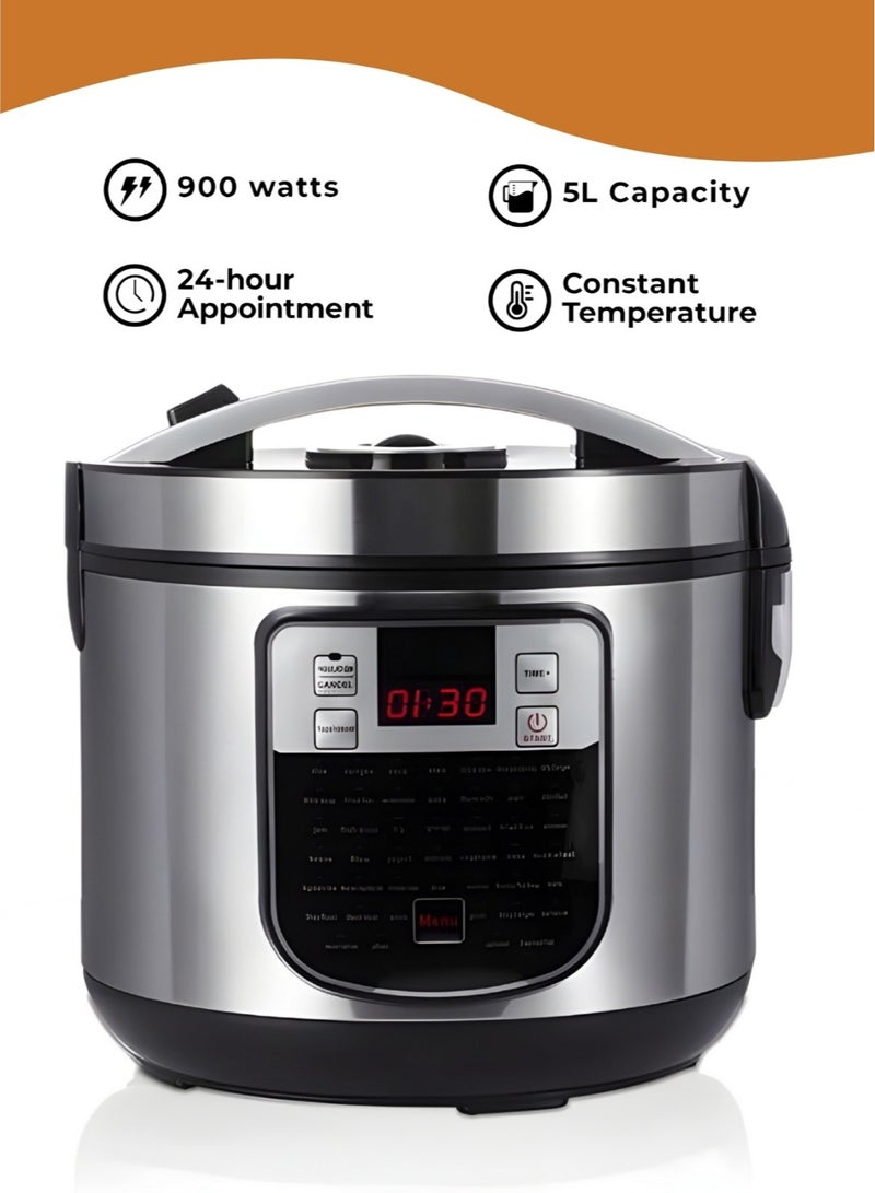 قدر ضغط رقمي، 5 لتر، متعدد الوظائف، كهربائي ذكي، 900واط، فضي وأسود - Image 1